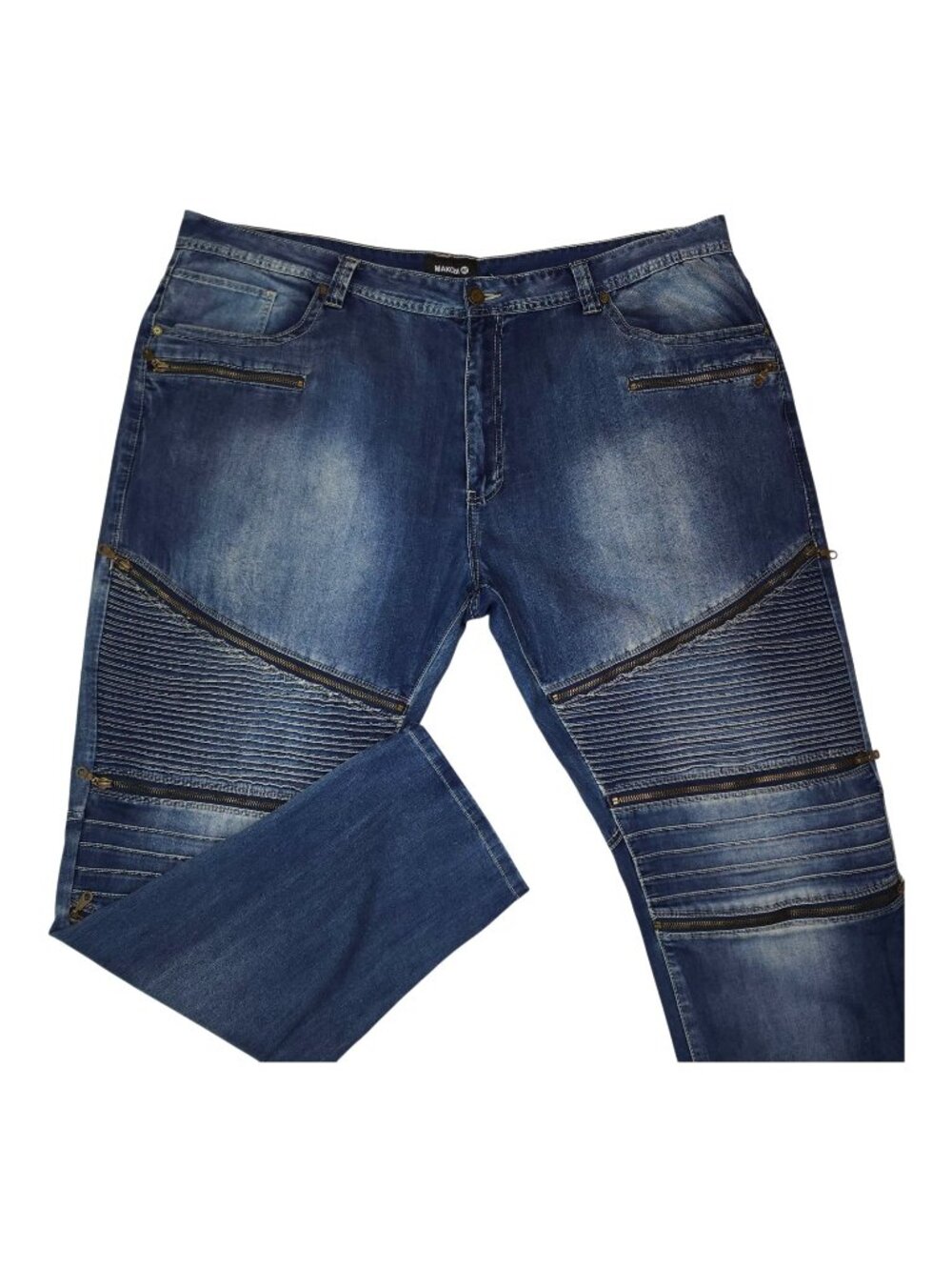 Makobi Mens Denim Jeans 48 X 33 Blue With Zipper Details & Pin Tucks